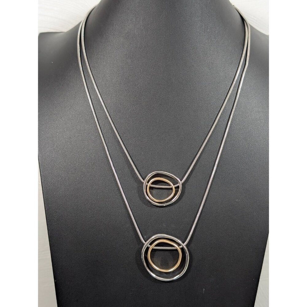 Chicos Two Tone Double Chain Circle Pendant Statement necklace Boho Coastal 22"